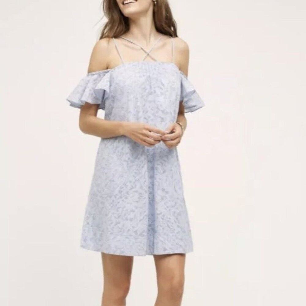 Anthropologie HD Paris Dayflower Mini Dress Off Shoulder Blue White